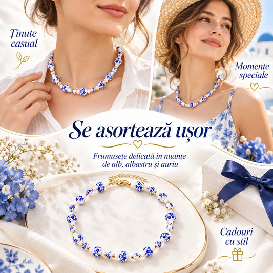 Colier cu Mărgele Alb-Albastre - Albastru Regal™