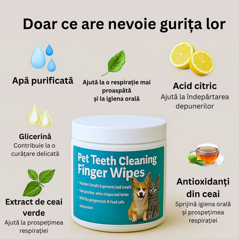 Șervețele pentru Igiena Dentară Câini și Pisici - DentiPaw (50 bucati)