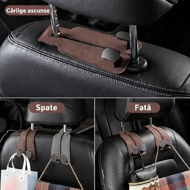 Cârlig Organizator Auto Premium pentru Tetieră - Cârlig Metalic Zinc + Finisaj Tip Piele CarHook