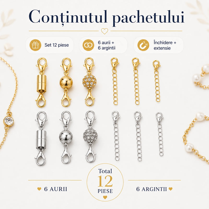 Set 12 Închizători Magnetice cu Extensie pentru Coliere și Brățări - ColierFix