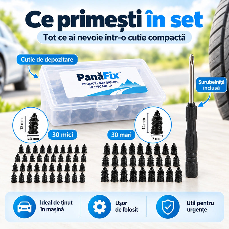 Set 60 Șuruburi pentru Reparația Anvelopelor - PanăFix™